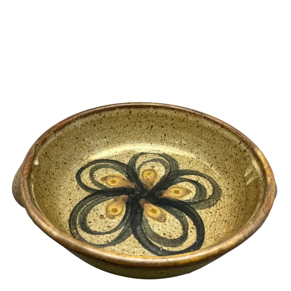 Rustic Stoneware Studio Signed Mid-Century‎ Scandinavian Earthy Low Bowl Handles